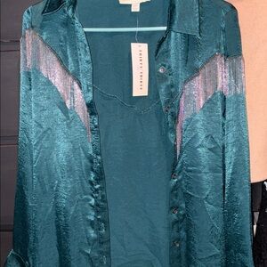 Teal Satin Fringe Shirt